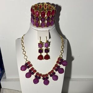 Gold-Tone Purple & Fuchsia Gemstone Statement Necklace with Matching Earrings